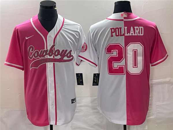 Men's Dallas Cowboys #20 Tony Pollard Pink/White Split Cool Base Stitched Baseball Jersey